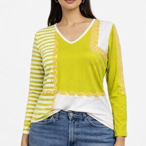 J Mclaughlin Top Size Small Catalina Cloth Green Chain Stripe 3/4 Sleeve Preppy